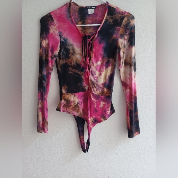 Fashion Nova multicolor pink purple bodysuit with front lace up, Small, like new - Picture 2 of 7